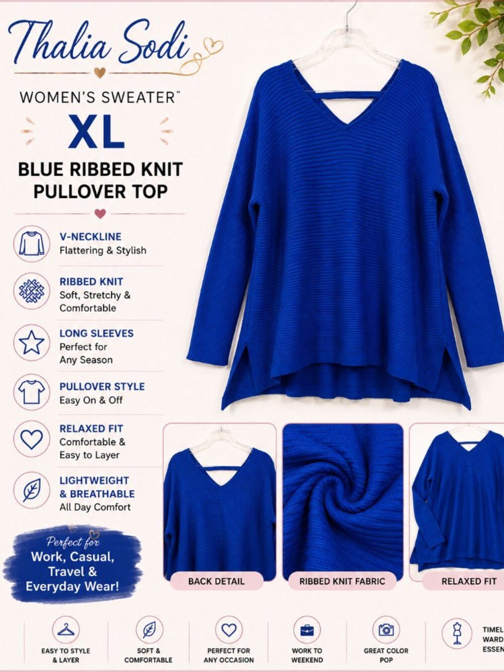 Thalia Sodi Women's XL Blue Ribbed Knit Sweater V-Neck Long Sleeve Pullover Top